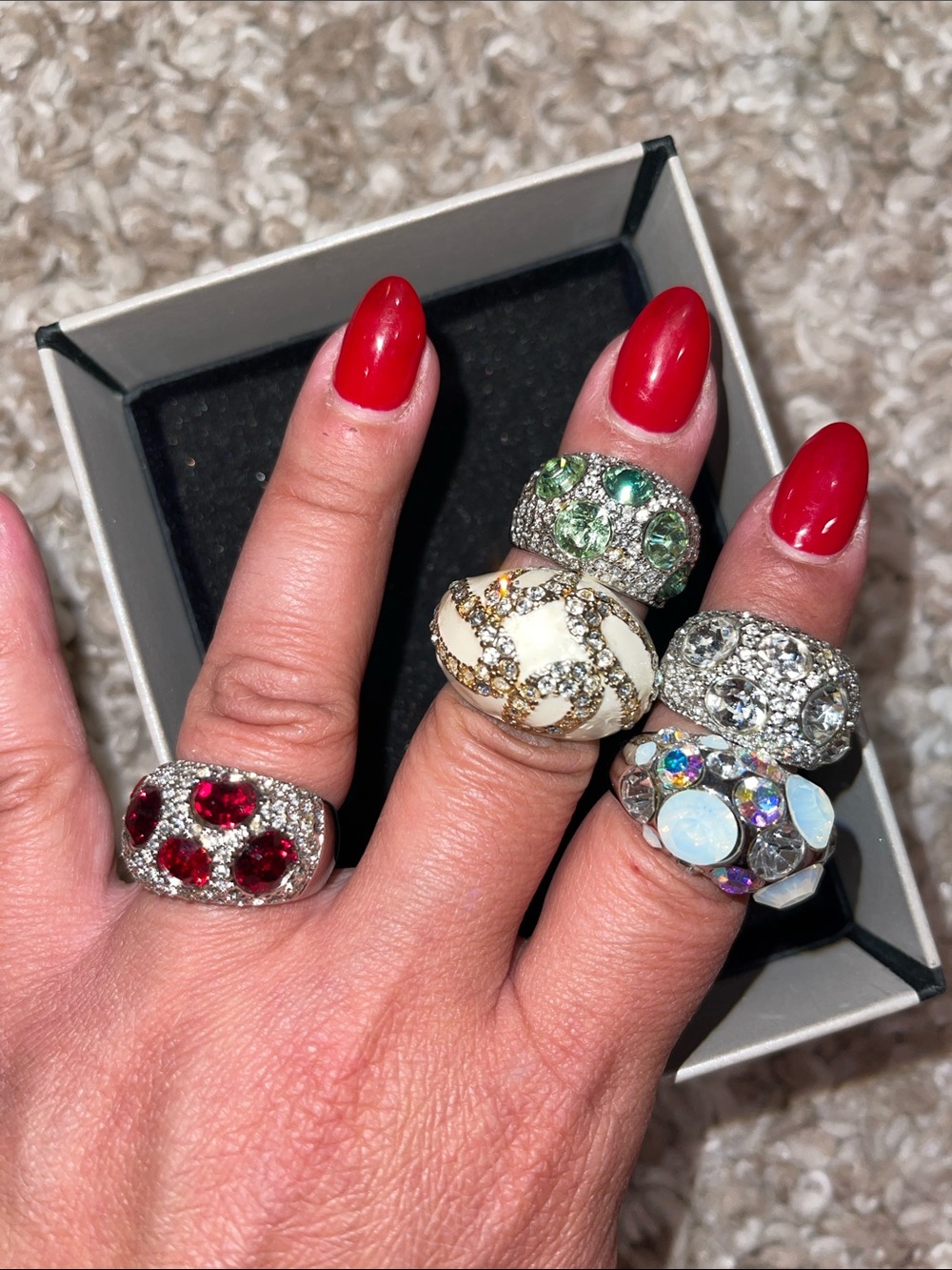 Crystal Dome Cocktail Ring Set in Red, Green, Ivory, Clear & Opal Accents